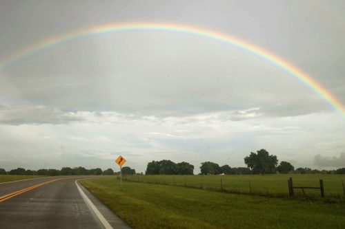 A rainbow stretches out past a curvy road.